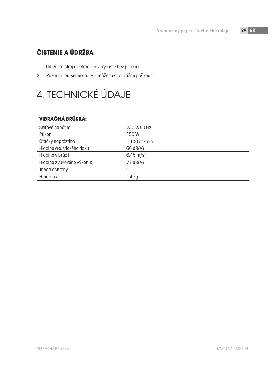 Technické údaje, Čistenie a údržba | Fieldmann FDB 2004-E User Manual | Page 39 / 82