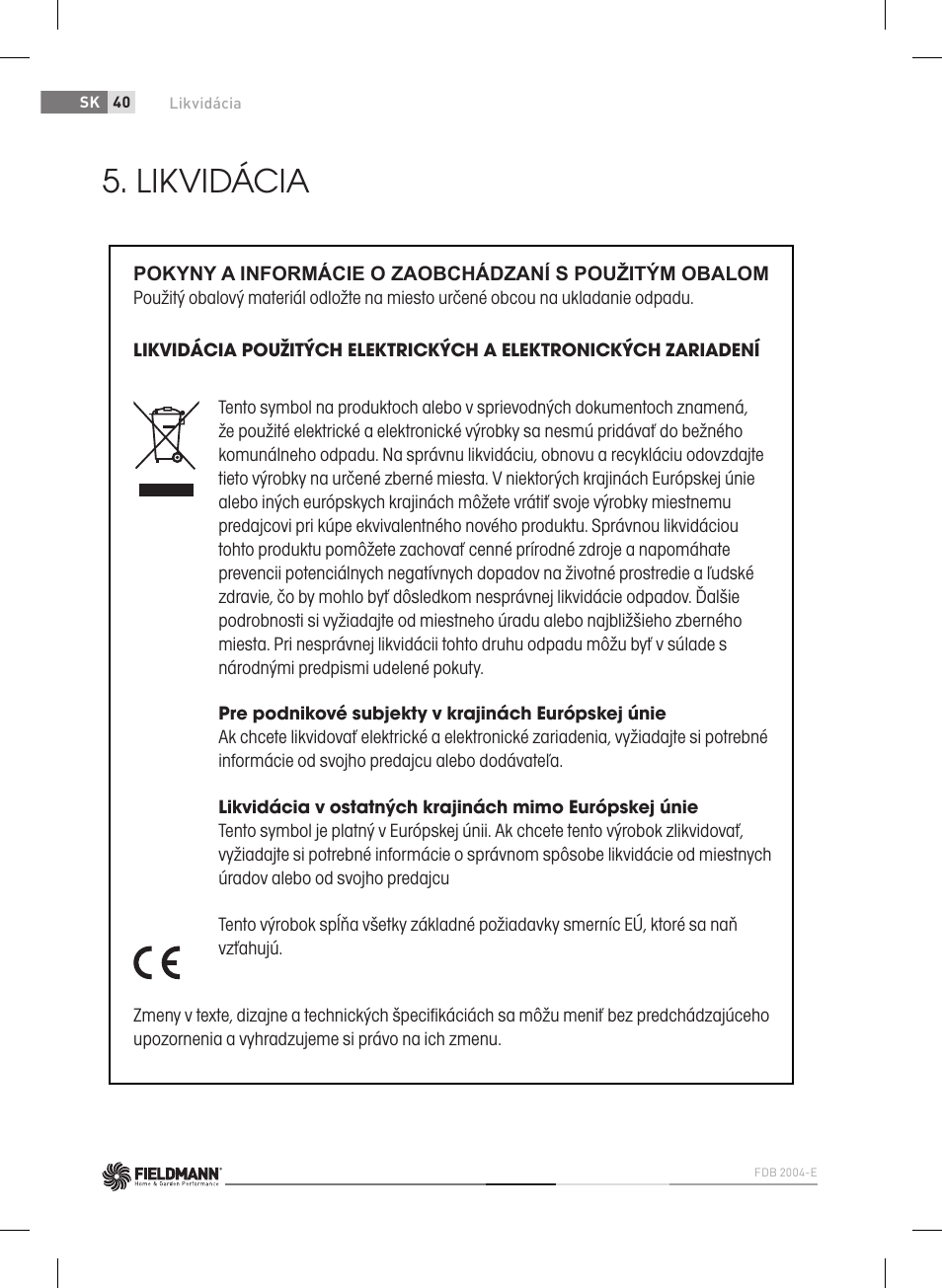 Likvidácia | Fieldmann FDB 2004-E User Manual | Page 40 / 82