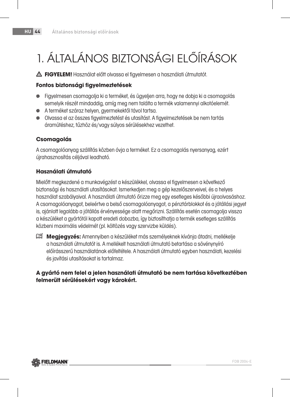 Általános biztonsági előírások | Fieldmann FDB 2004-E User Manual | Page 44 / 82