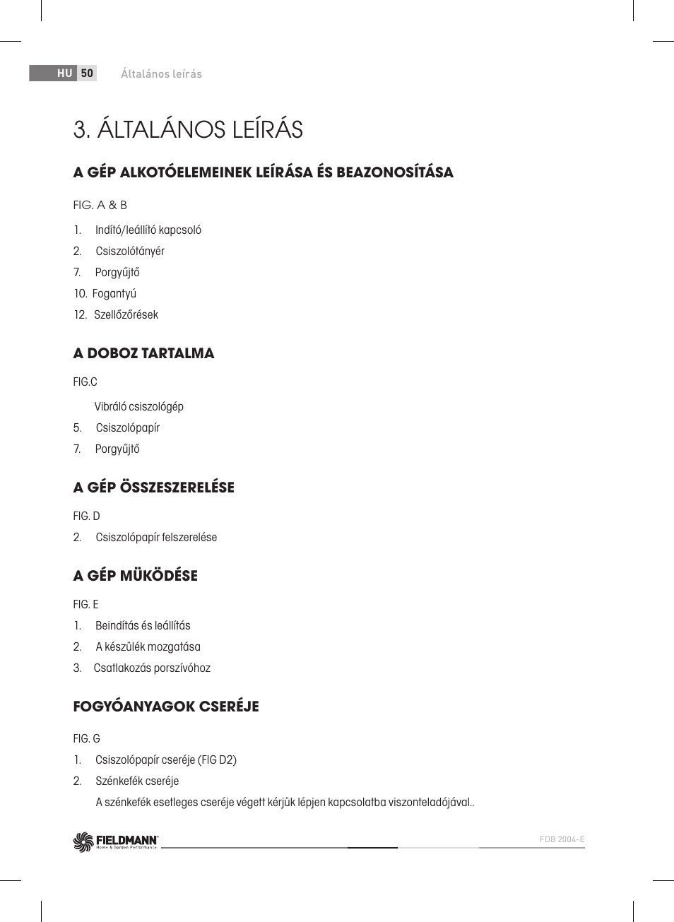 Általános leírás | Fieldmann FDB 2004-E User Manual | Page 50 / 82
