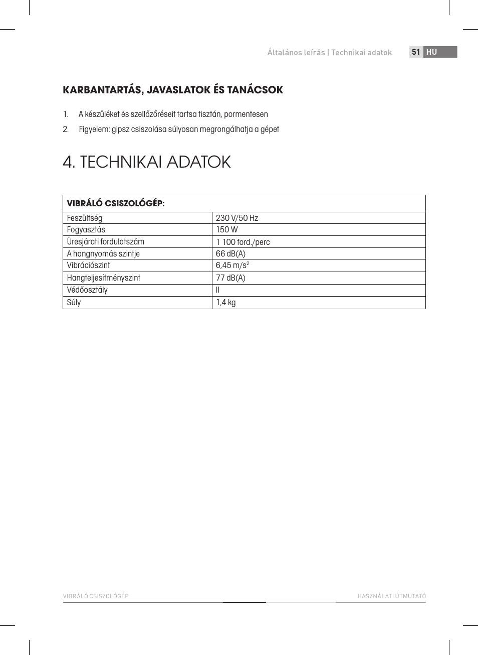 Technikai adatok, Karbantartás, javaslatok és tanácsok | Fieldmann FDB 2004-E User Manual | Page 51 / 82