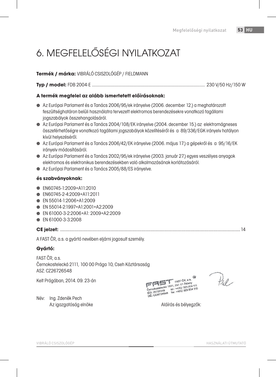 Megfelelőségi nyilatkozat | Fieldmann FDB 2004-E User Manual | Page 53 / 82