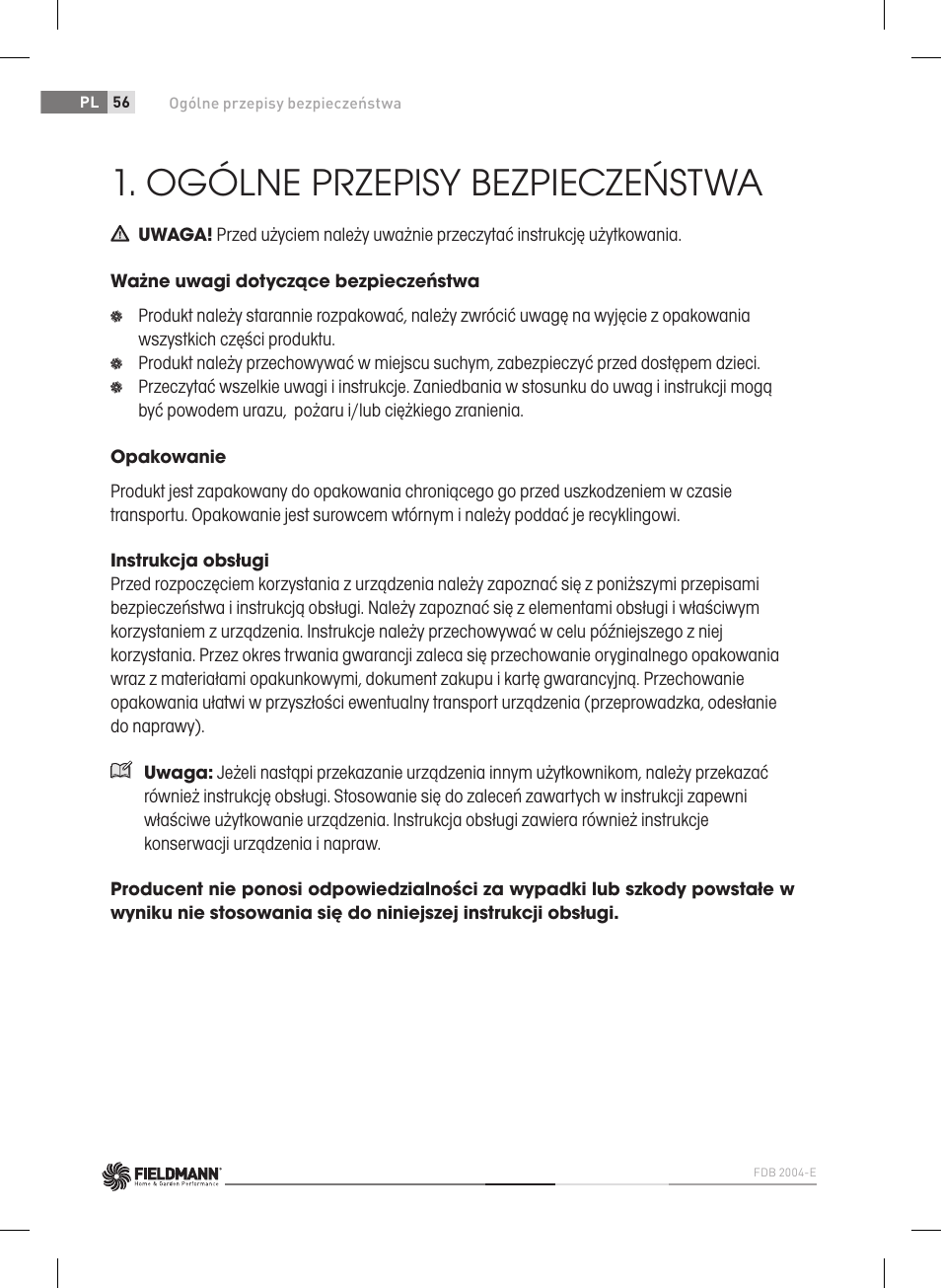 Ogólne przepisy bezpieczeństwa | Fieldmann FDB 2004-E User Manual | Page 56 / 82