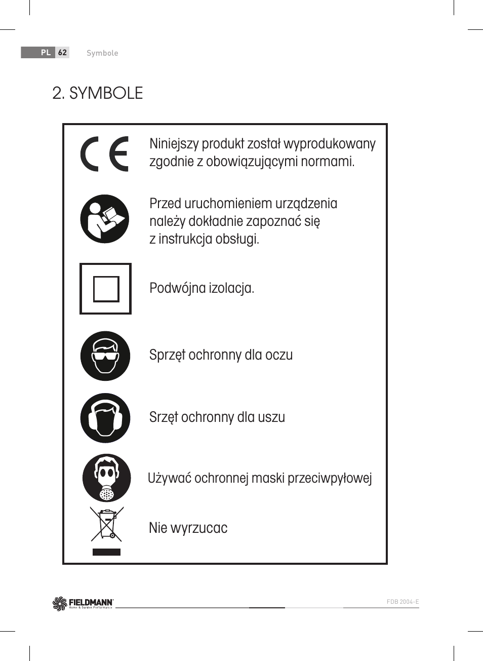 Symbole, Używać ochronnej maski przeciwpyłowej | Fieldmann FDB 2004-E User Manual | Page 62 / 82