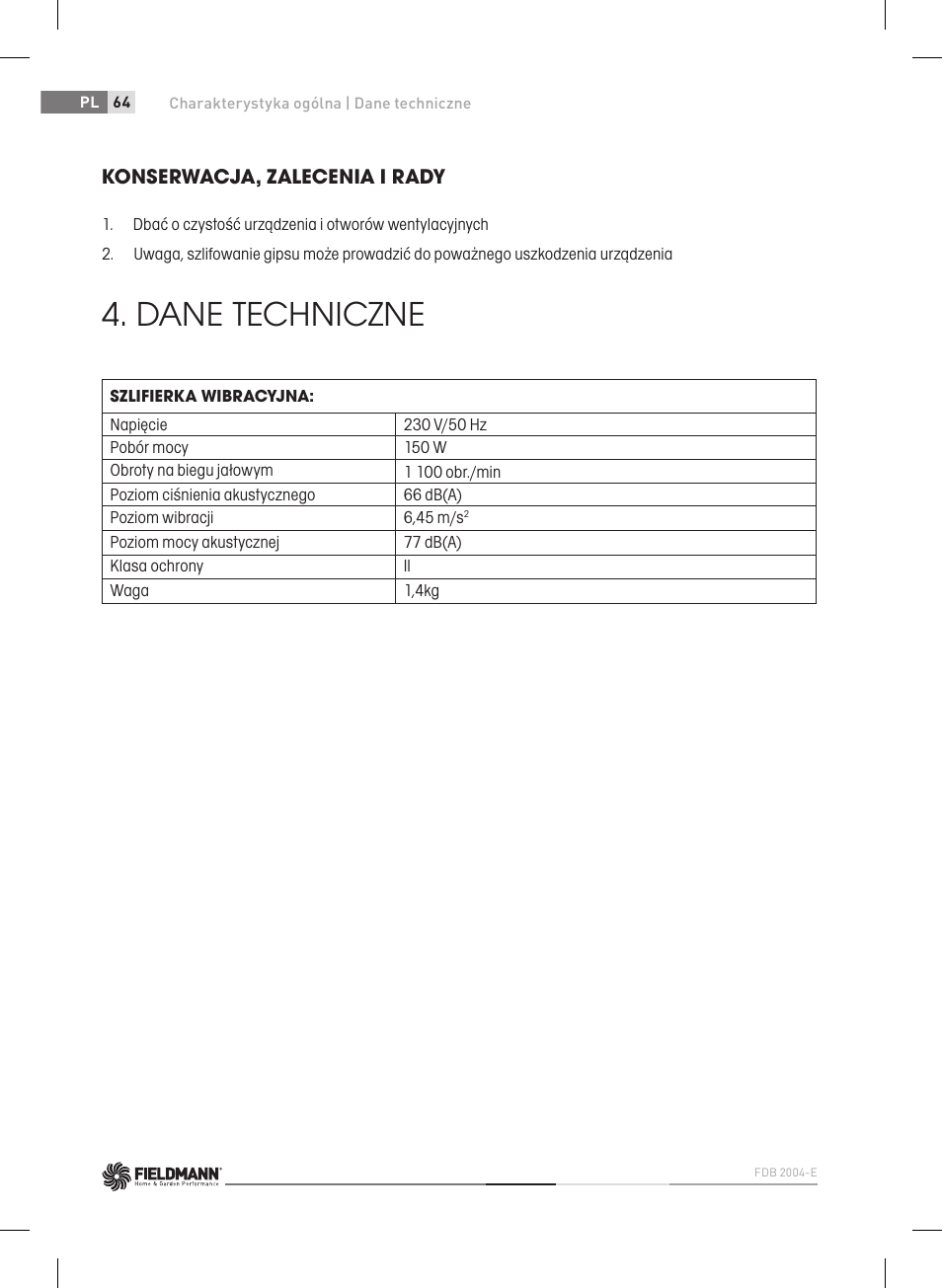 Dane techniczne, Konserwacja, zalecenia i rady | Fieldmann FDB 2004-E User Manual | Page 64 / 82