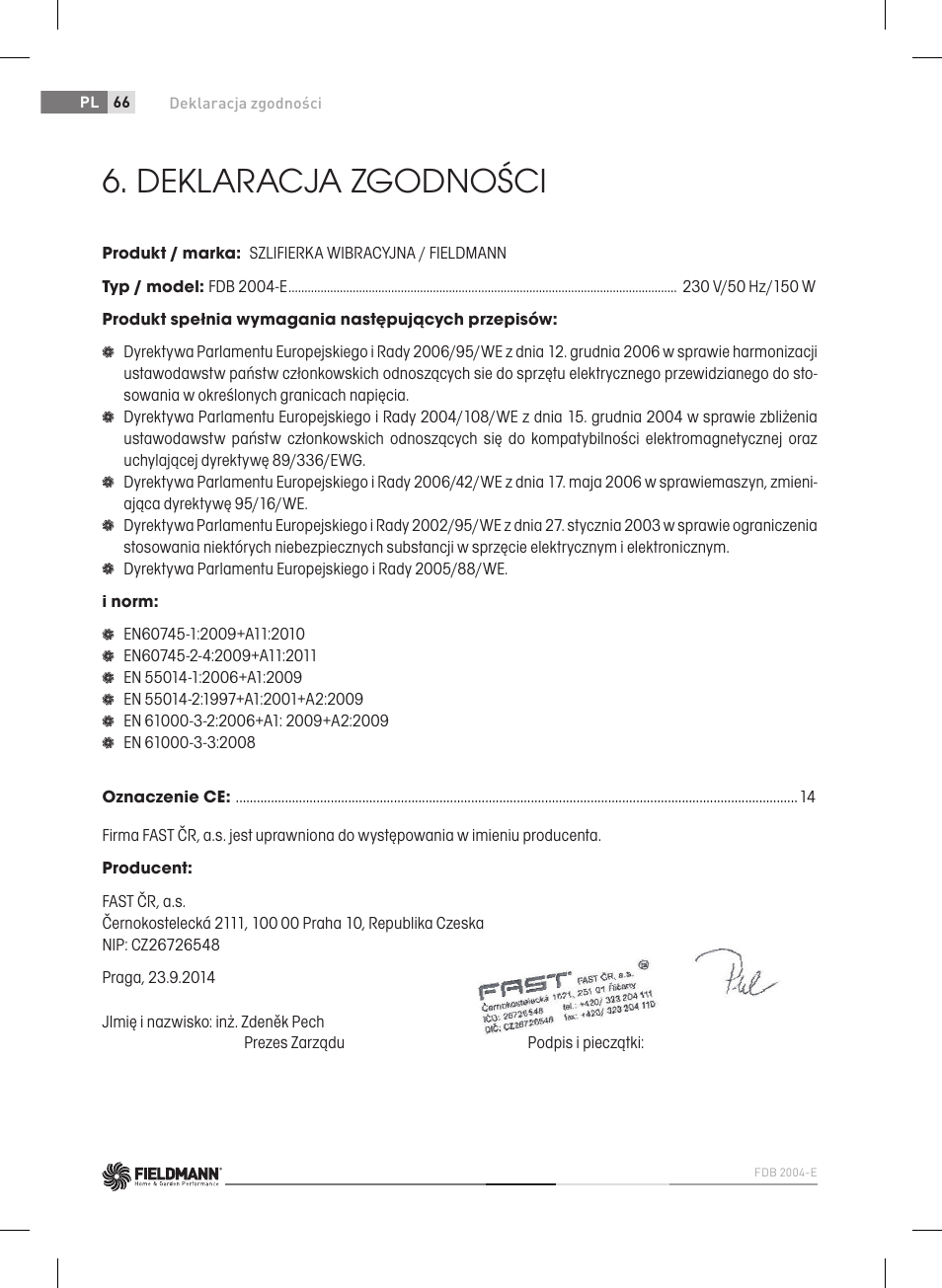 Deklaracja zgodności | Fieldmann FDB 2004-E User Manual | Page 66 / 82