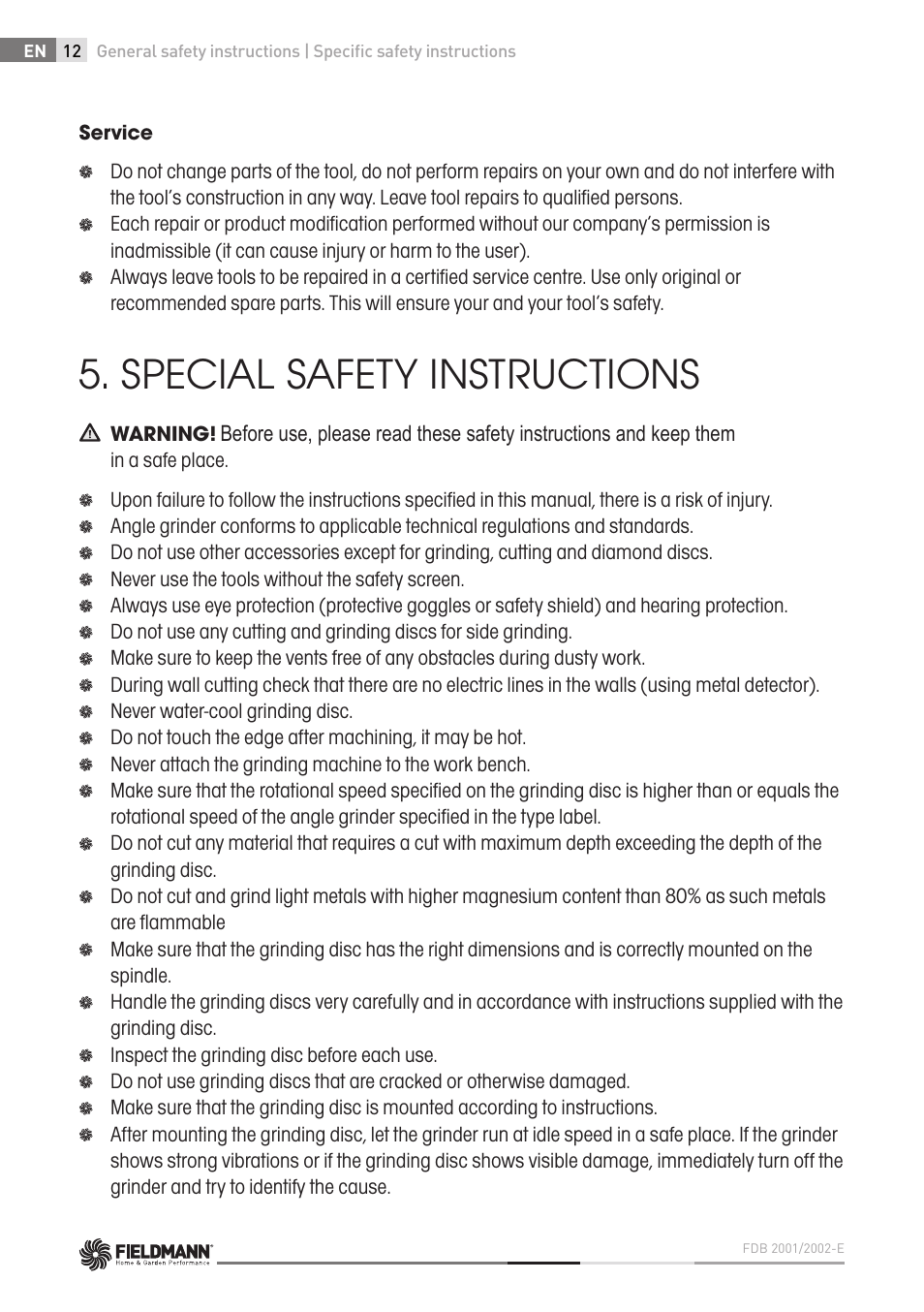 Special safety instructions | Fieldmann FDB 2002-E User Manual | Page 12 / 96