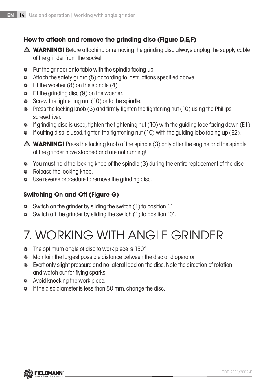 Working with angle grinder | Fieldmann FDB 2002-E User Manual | Page 14 / 96
