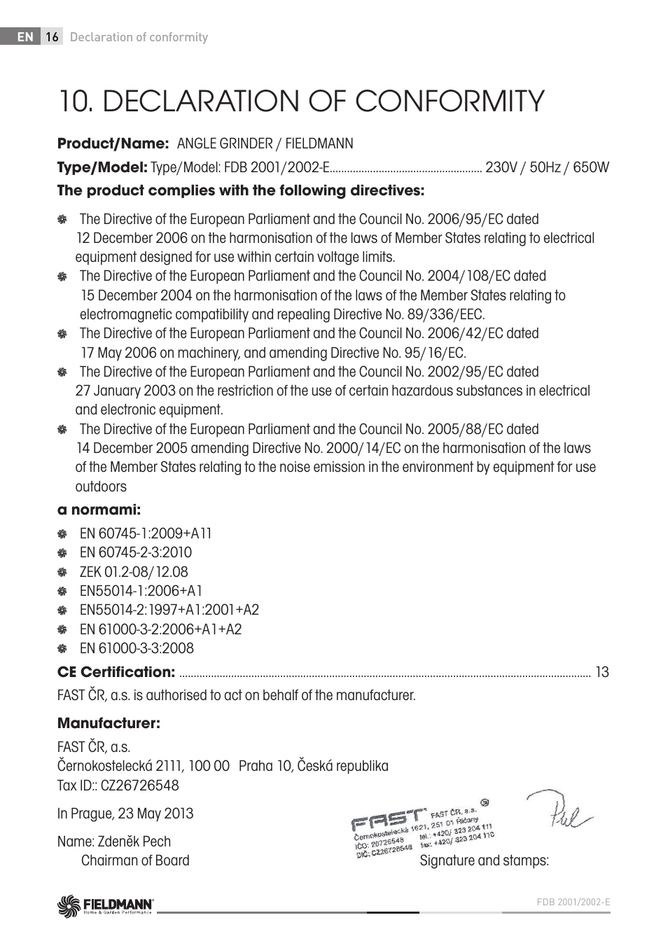 Declaration of conformity | Fieldmann FDB 2002-E User Manual | Page 16 / 96