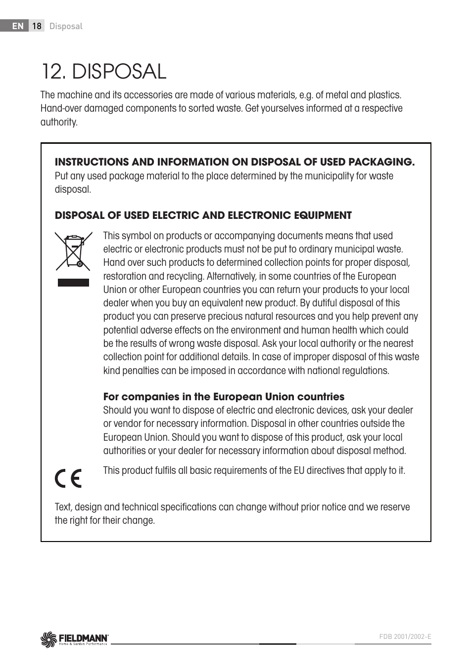 Disposal | Fieldmann FDB 2002-E User Manual | Page 18 / 96