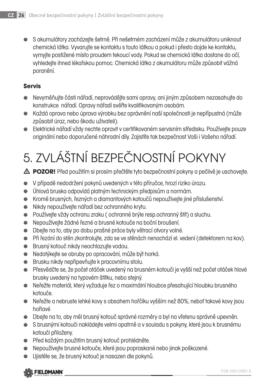 Zvláštní bezpečnostní pokyny | Fieldmann FDB 2002-E User Manual | Page 26 / 96