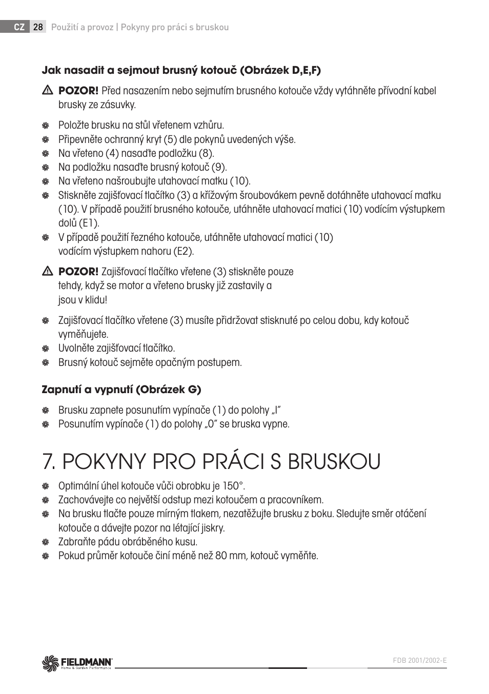 Pokyny pro práci s bruskou | Fieldmann FDB 2002-E User Manual | Page 28 / 96