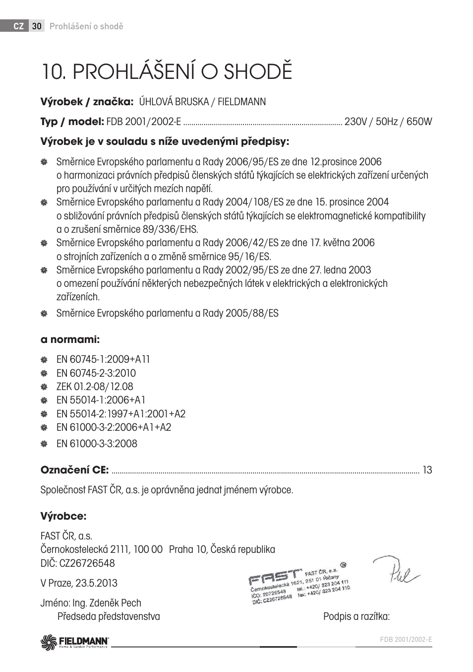 Prohlášení o shodě | Fieldmann FDB 2002-E User Manual | Page 30 / 96