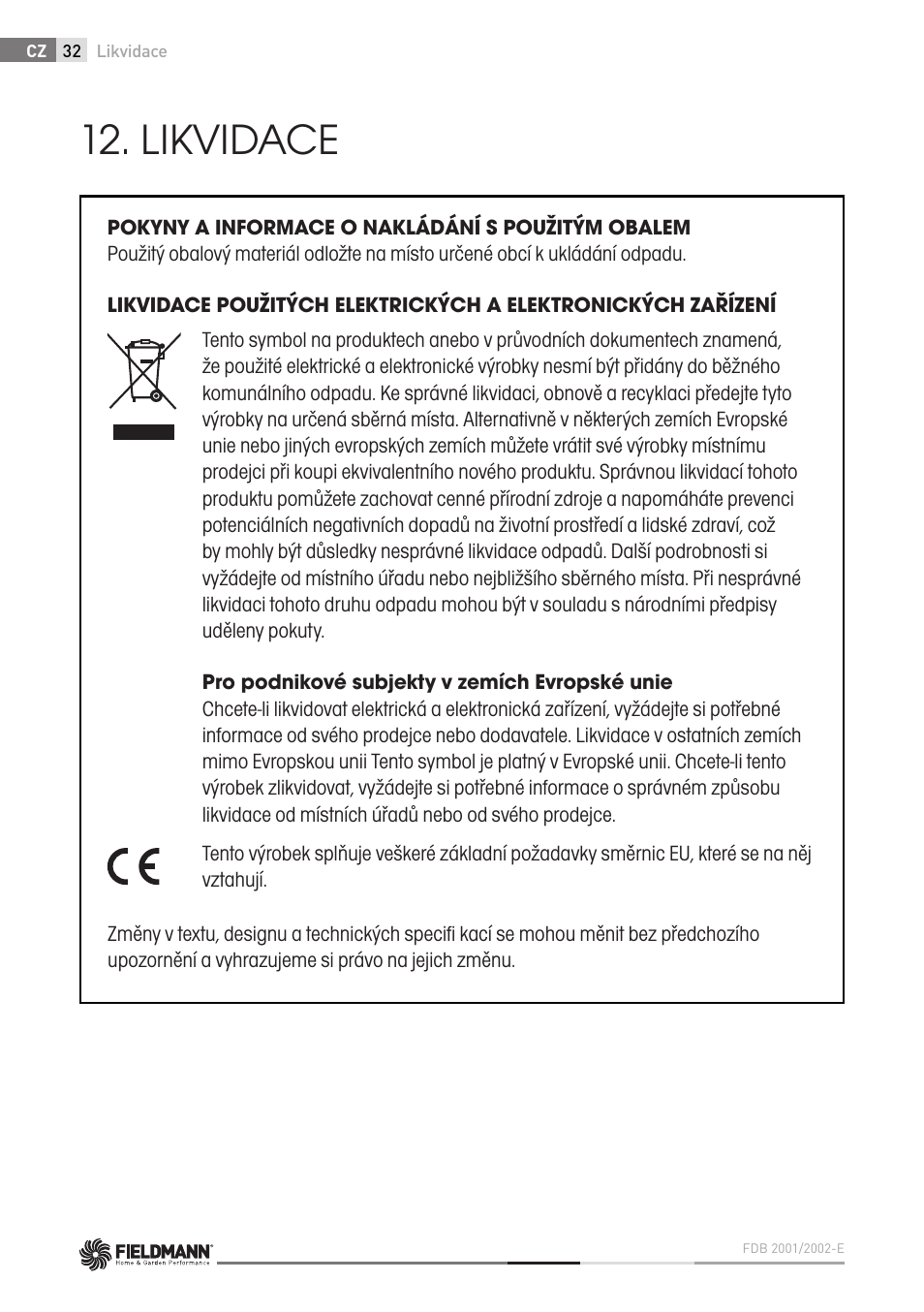 Likvidace | Fieldmann FDB 2002-E User Manual | Page 32 / 96