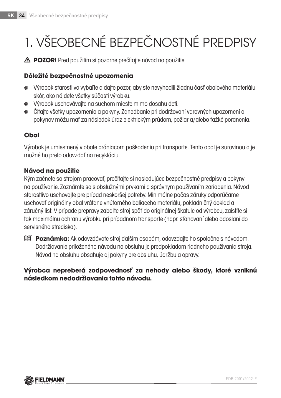 Všeobecné bezpečnostné predpisy | Fieldmann FDB 2002-E User Manual | Page 34 / 96