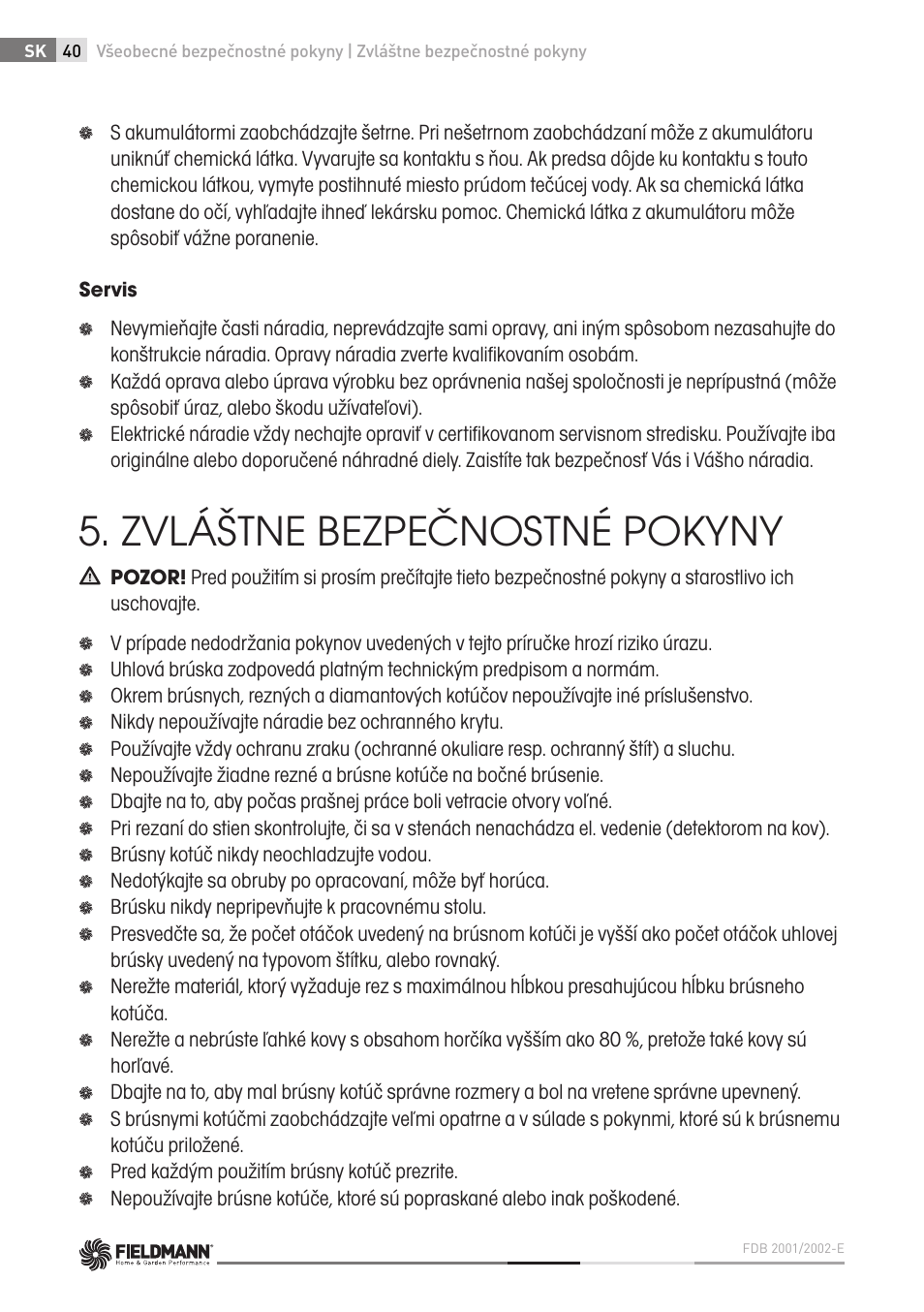 Zvláštne bezpečnostné pokyny | Fieldmann FDB 2002-E User Manual | Page 40 / 96