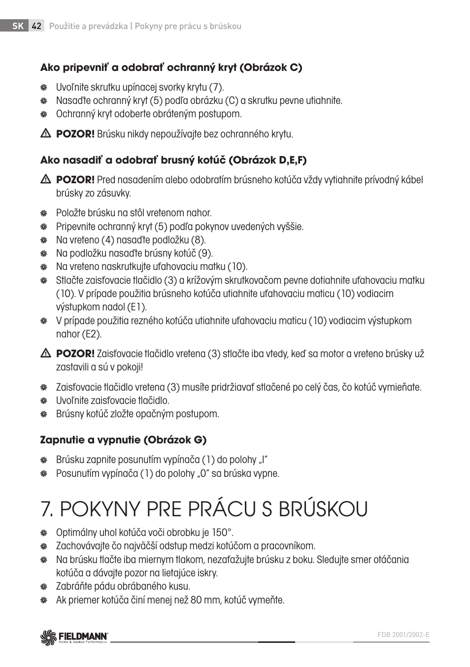 Pokyny pre prácu s brúskou | Fieldmann FDB 2002-E User Manual | Page 42 / 96