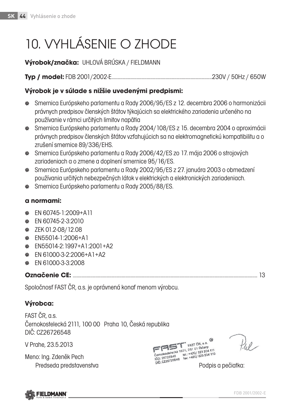 Vyhlásenie o zhode | Fieldmann FDB 2002-E User Manual | Page 44 / 96