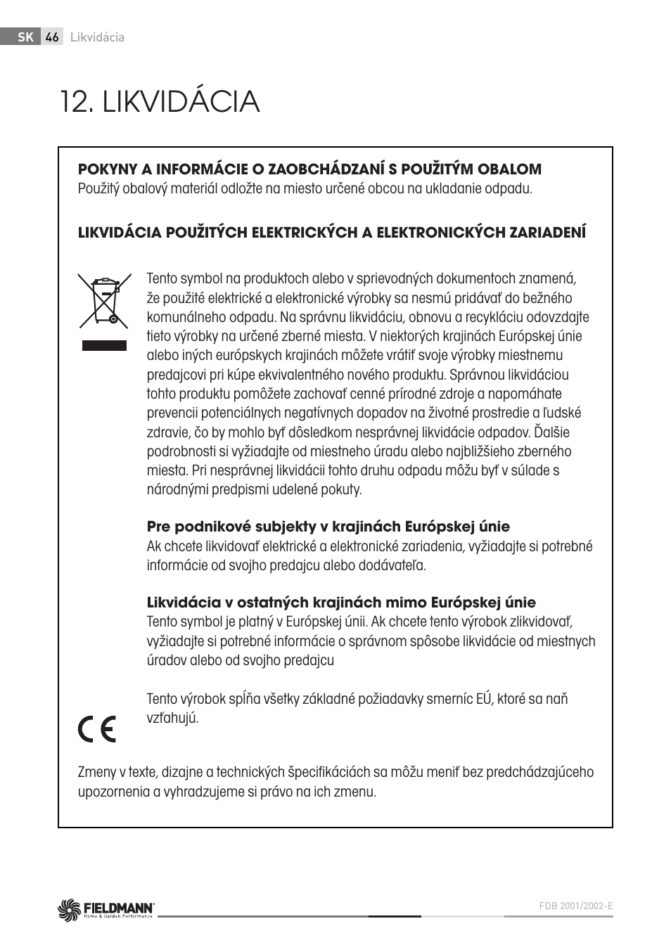 Likvidácia | Fieldmann FDB 2002-E User Manual | Page 46 / 96
