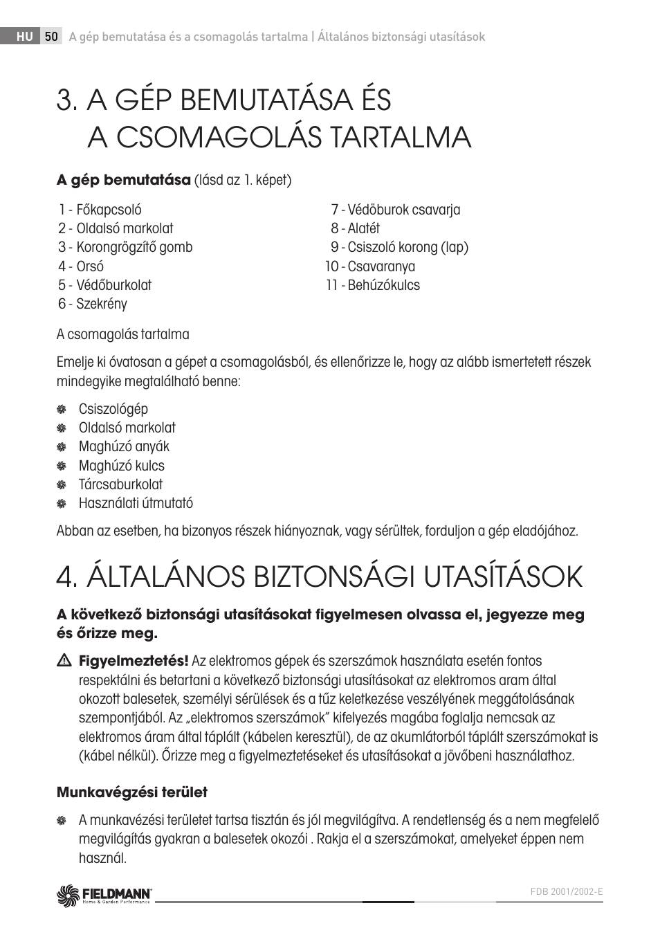 A gép bemutatása és a csomagolás tartalma, Általános biztonsági utasítások | Fieldmann FDB 2002-E User Manual | Page 50 / 96