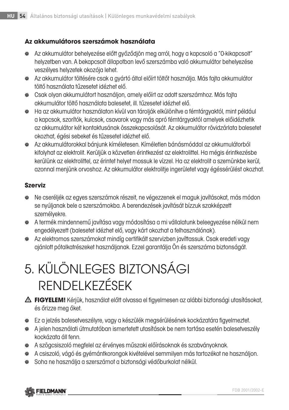 Különleges biztonsági rendelkezések | Fieldmann FDB 2002-E User Manual | Page 54 / 96
