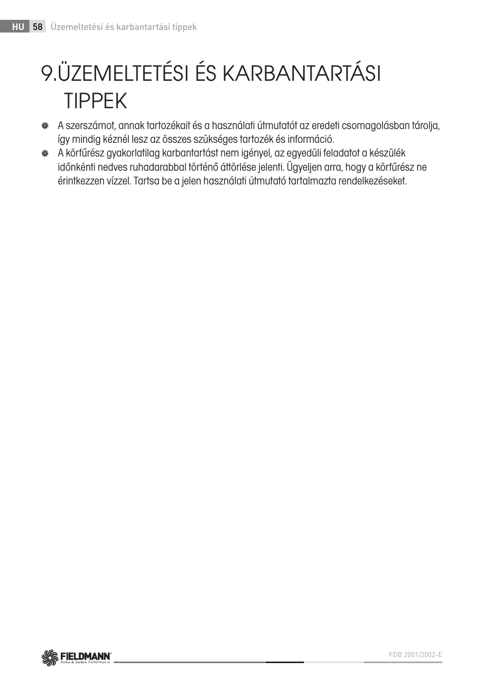 Üzemeltetési és karbantartási tippek | Fieldmann FDB 2002-E User Manual | Page 58 / 96