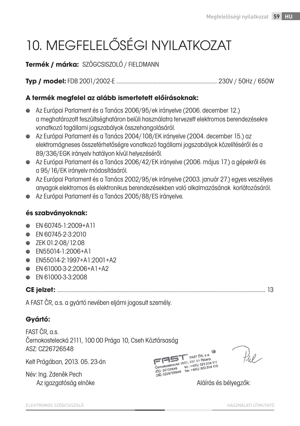 Megfelelőségi nyilatkozat | Fieldmann FDB 2002-E User Manual | Page 59 / 96