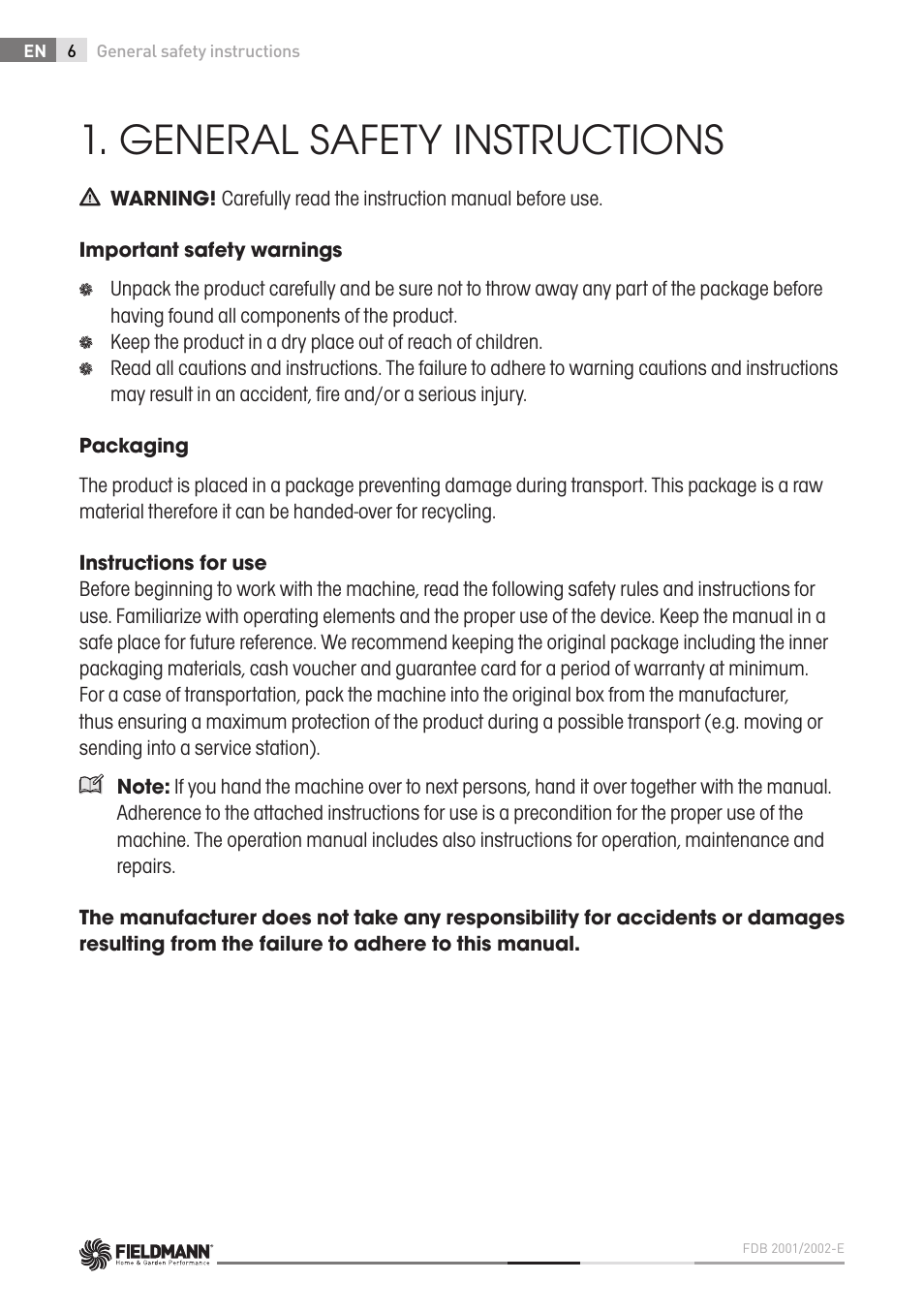 General safety instructions | Fieldmann FDB 2002-E User Manual | Page 6 / 96