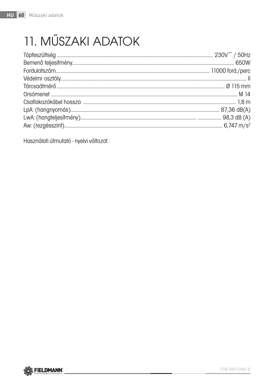 Műszaki adatok | Fieldmann FDB 2002-E User Manual | Page 60 / 96