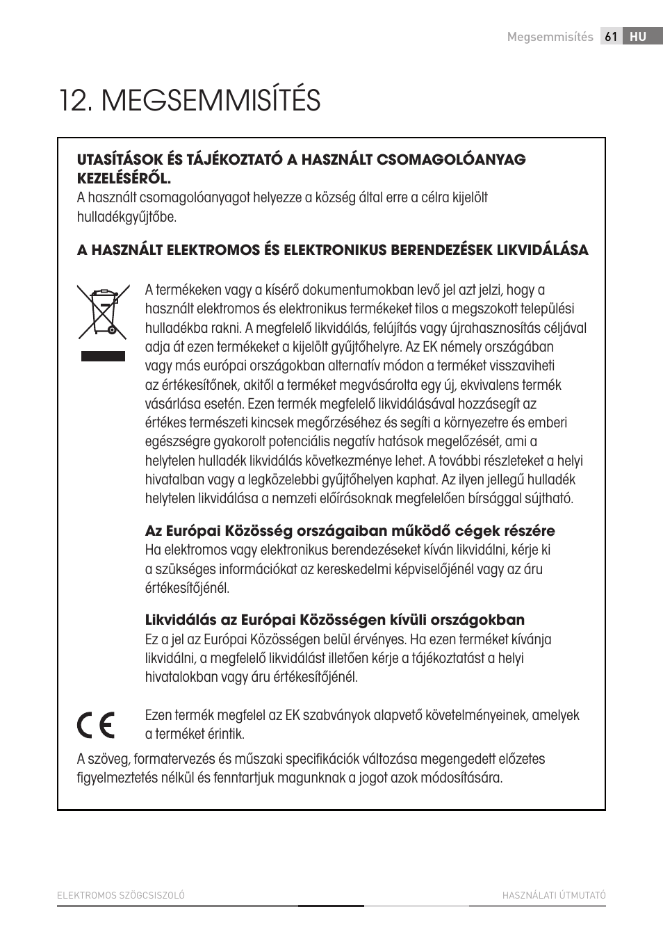 Megsemmisítés | Fieldmann FDB 2002-E User Manual | Page 61 / 96
