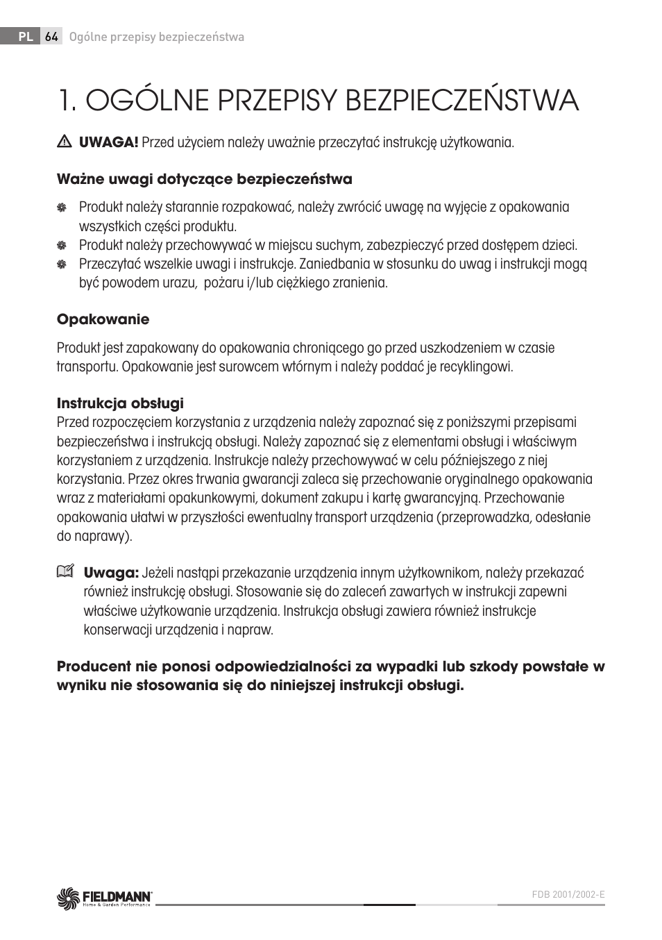 Ogólne przepisy bezpieczeństwa | Fieldmann FDB 2002-E User Manual | Page 64 / 96