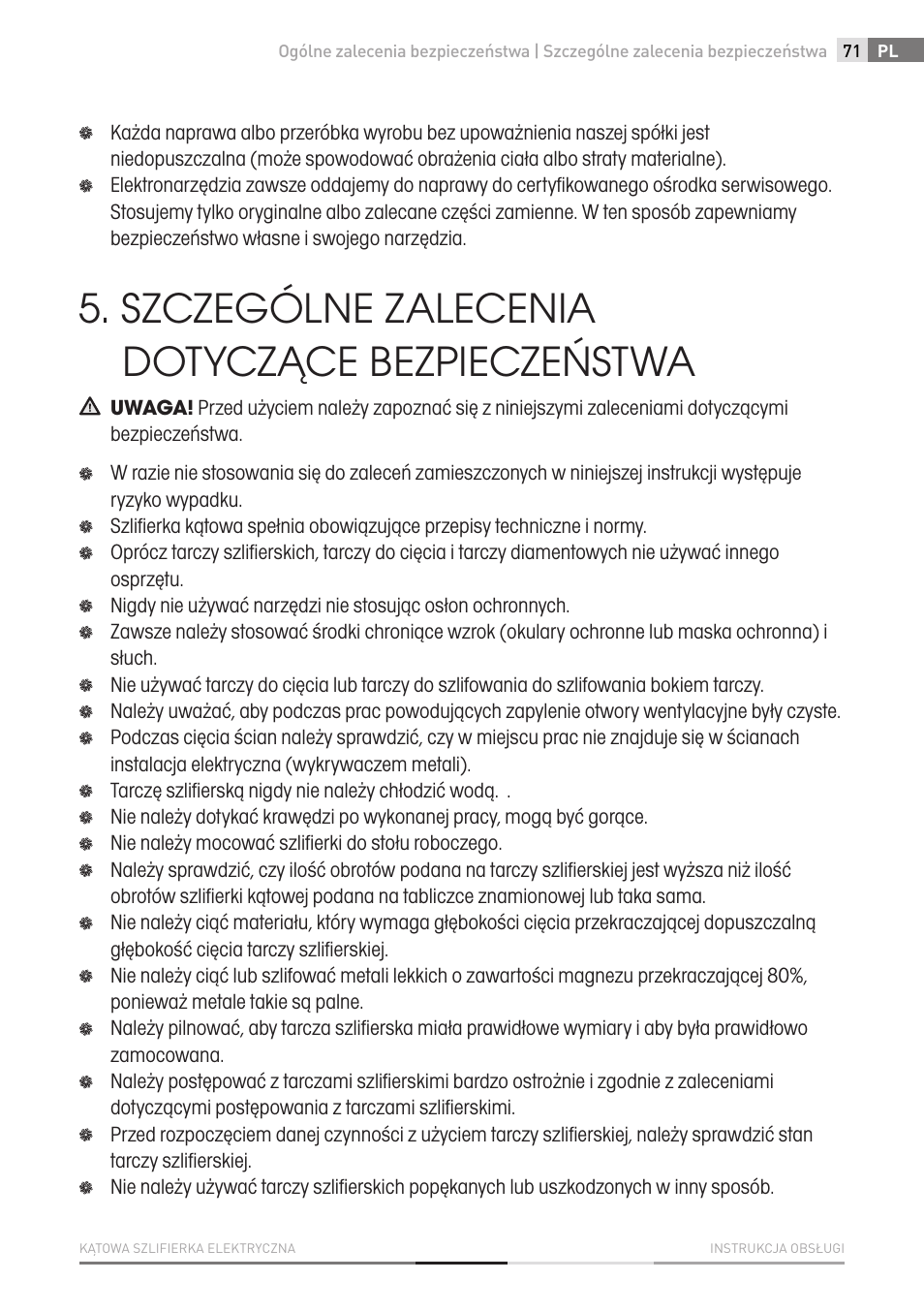 Szczególne zalecenia dotyczące bezpieczeństwa | Fieldmann FDB 2002-E User Manual | Page 71 / 96