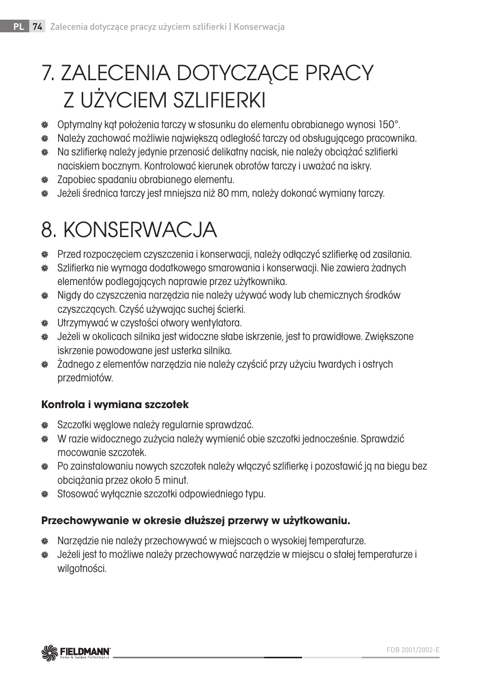 Zalecenia dotyczące pracy z użyciem szlifierki, Konserwacja | Fieldmann FDB 2002-E User Manual | Page 74 / 96