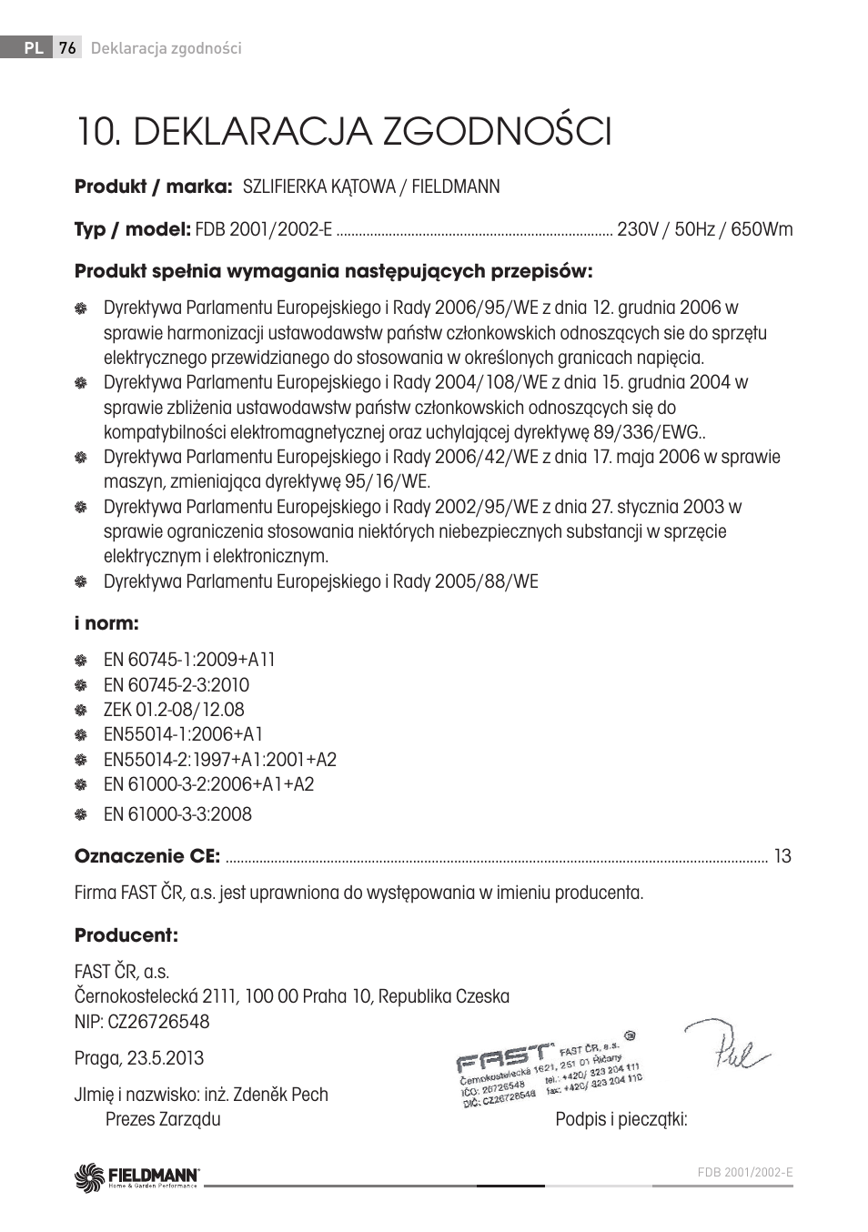 Deklaracja zgodności | Fieldmann FDB 2002-E User Manual | Page 76 / 96