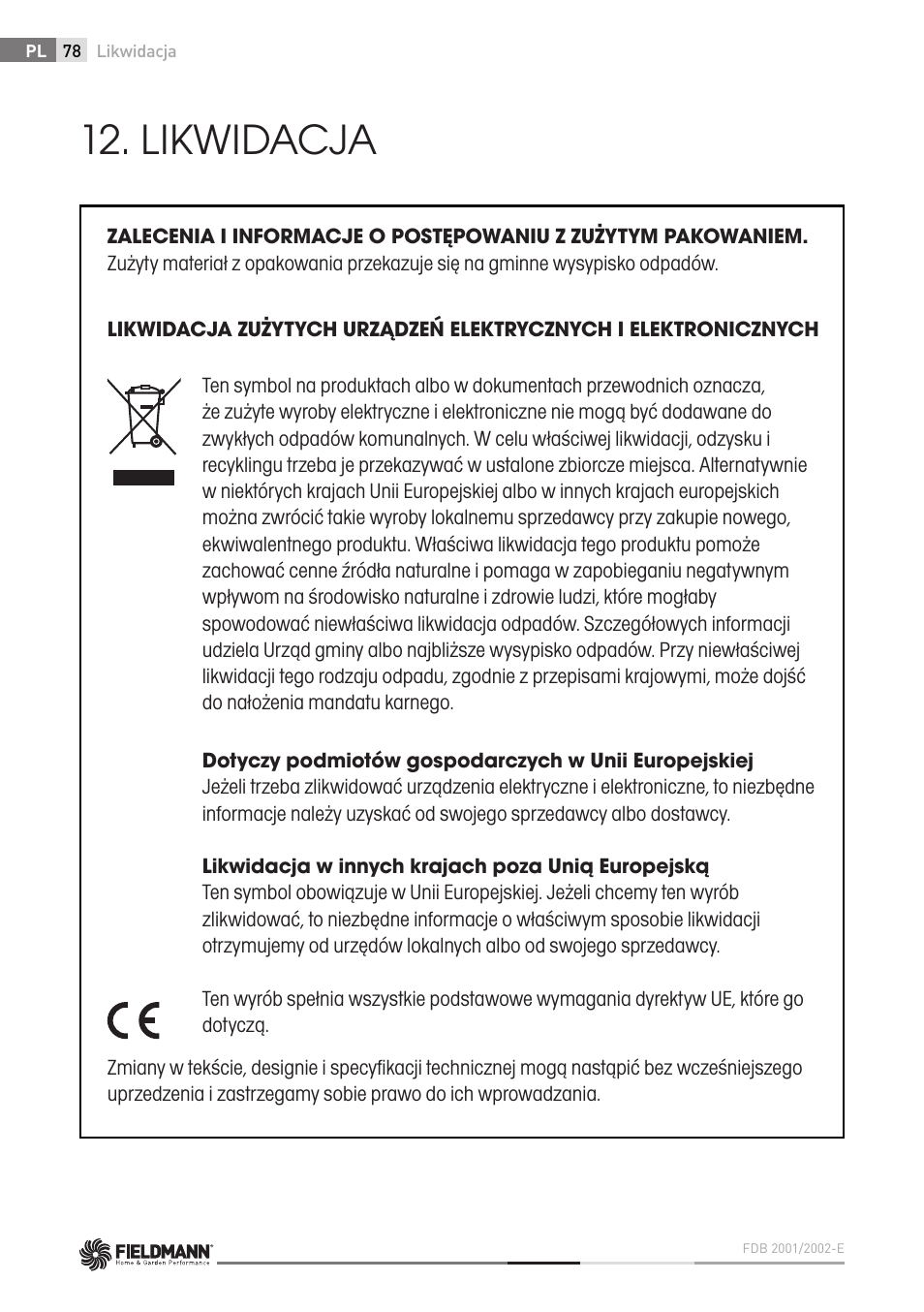 Likwidacja | Fieldmann FDB 2002-E User Manual | Page 78 / 96