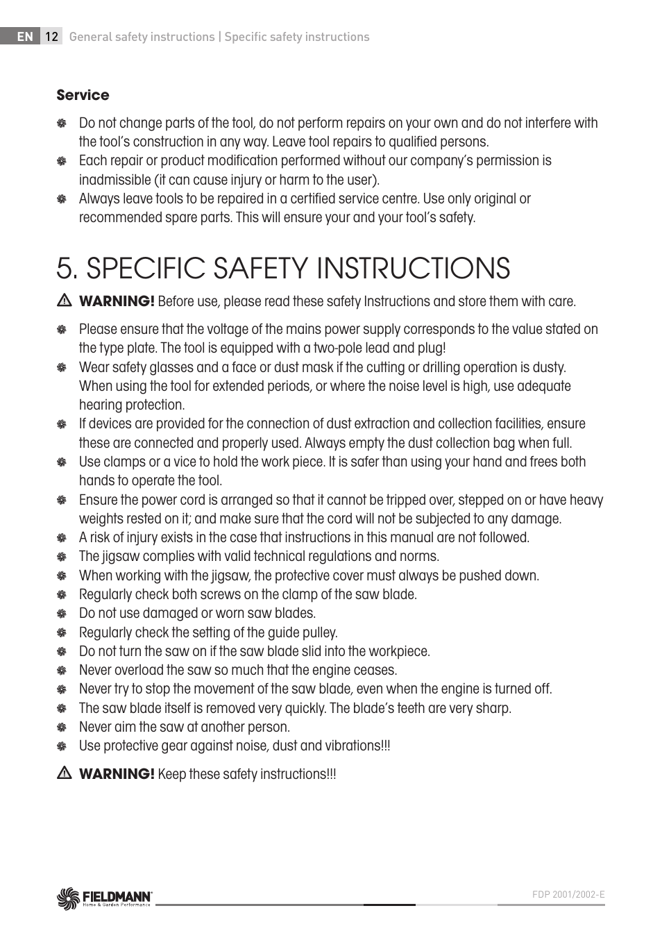 Specific safety instructions | Fieldmann FDP 2002-E User Manual | Page 12 / 102