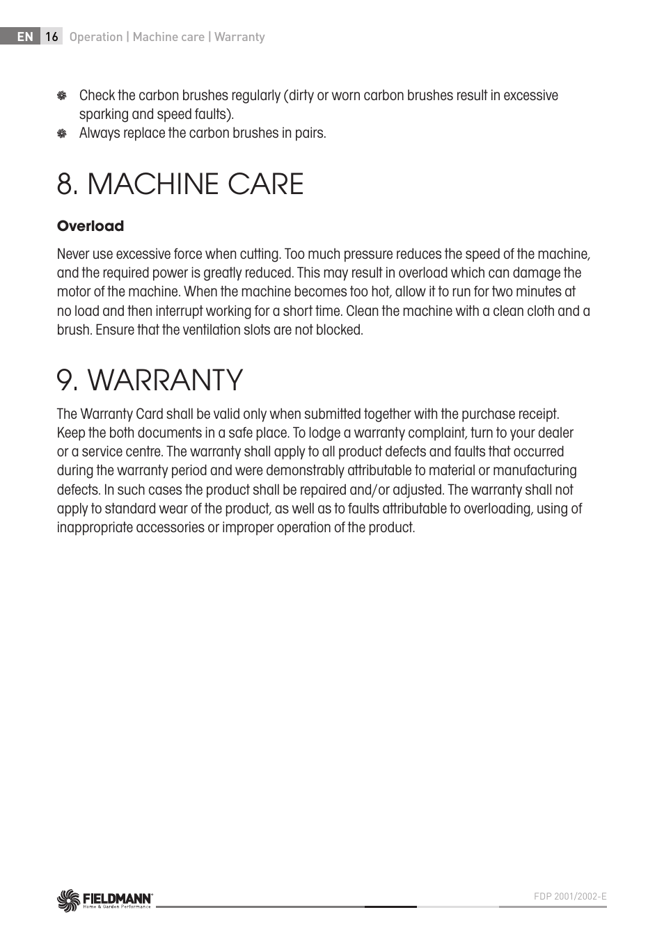 Machine care, Warranty | Fieldmann FDP 2002-E User Manual | Page 16 / 102