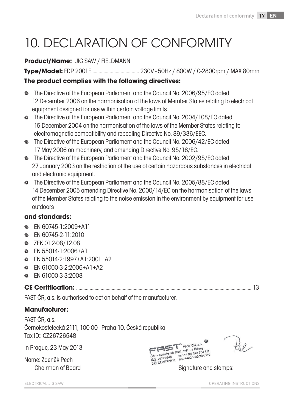 Declaration of conformity | Fieldmann FDP 2002-E User Manual | Page 17 / 102