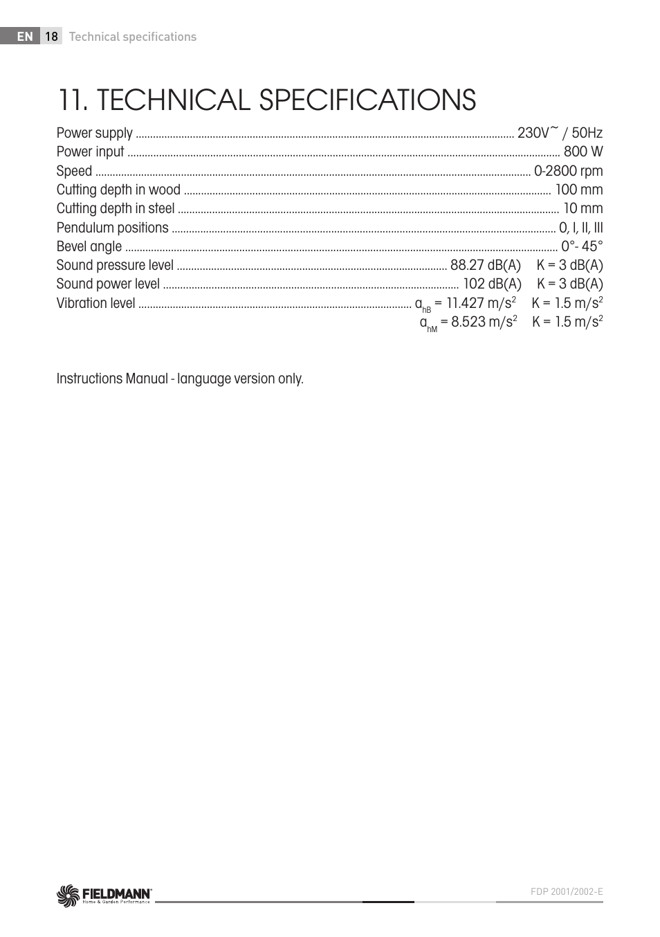 Technical specifications | Fieldmann FDP 2002-E User Manual | Page 18 / 102