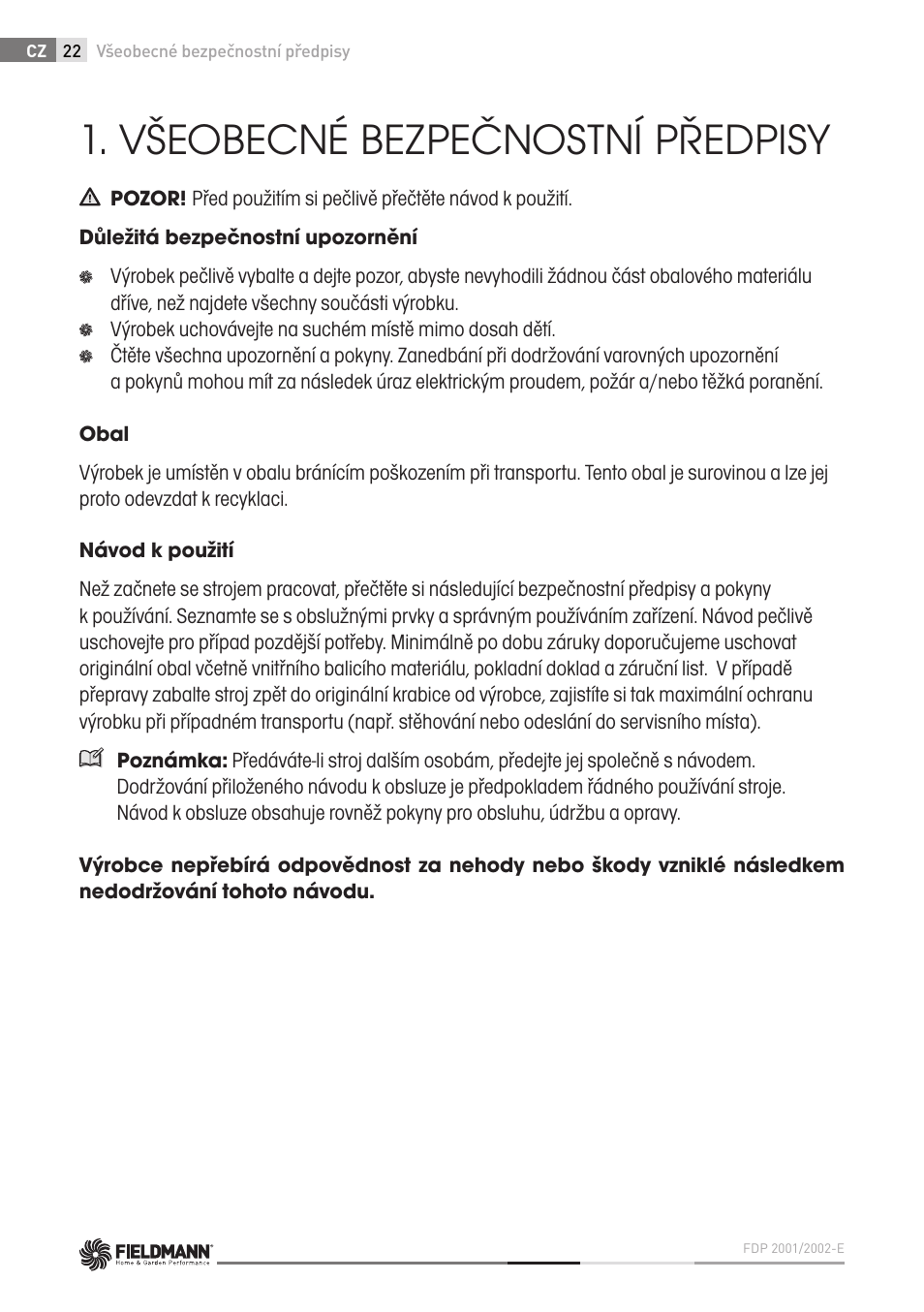 Všeobecné bezpečnostní předpisy | Fieldmann FDP 2002-E User Manual | Page 22 / 102