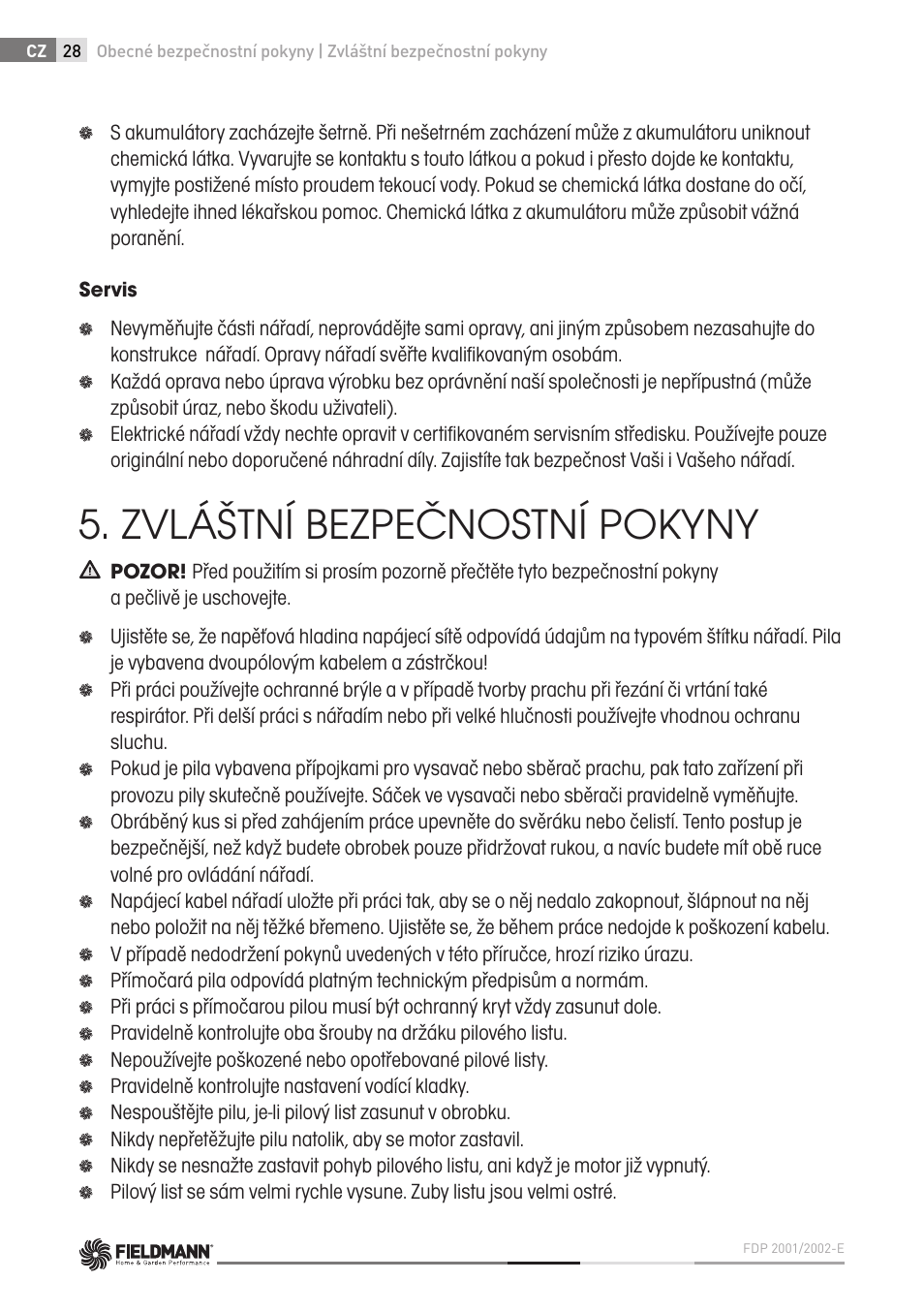 Zvláštní bezpečnostní pokyny | Fieldmann FDP 2002-E User Manual | Page 28 / 102