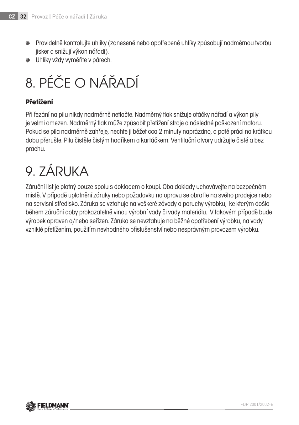 Péče o nářadí, Záruka | Fieldmann FDP 2002-E User Manual | Page 32 / 102