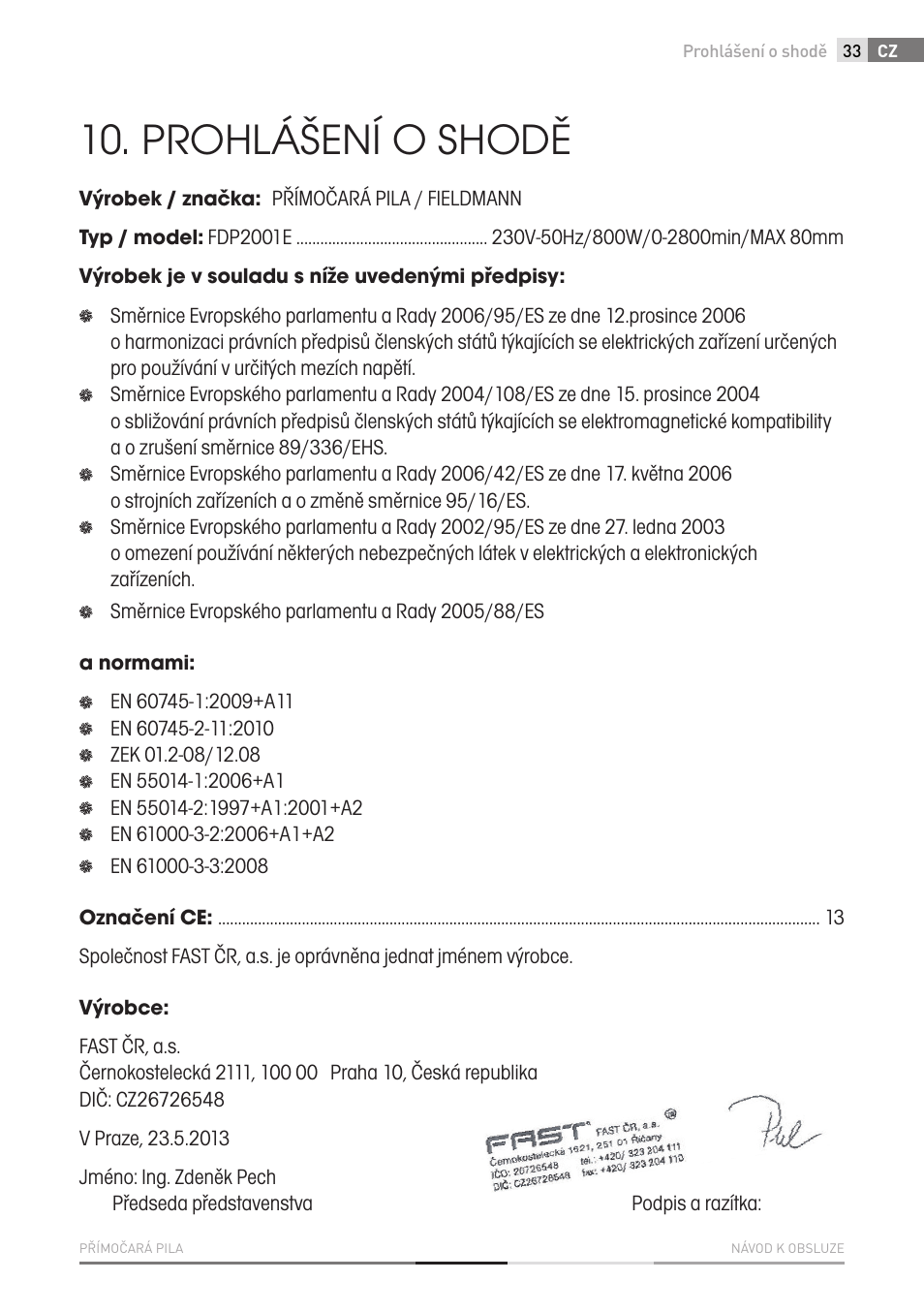 Prohlášení o shodě | Fieldmann FDP 2002-E User Manual | Page 33 / 102