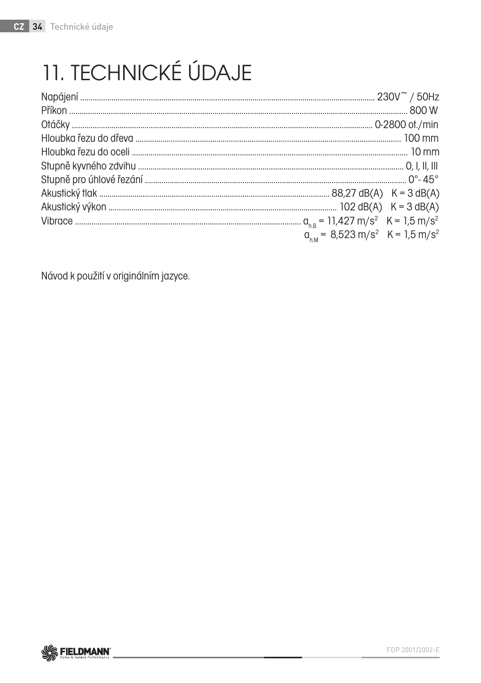 Technické údaje | Fieldmann FDP 2002-E User Manual | Page 34 / 102