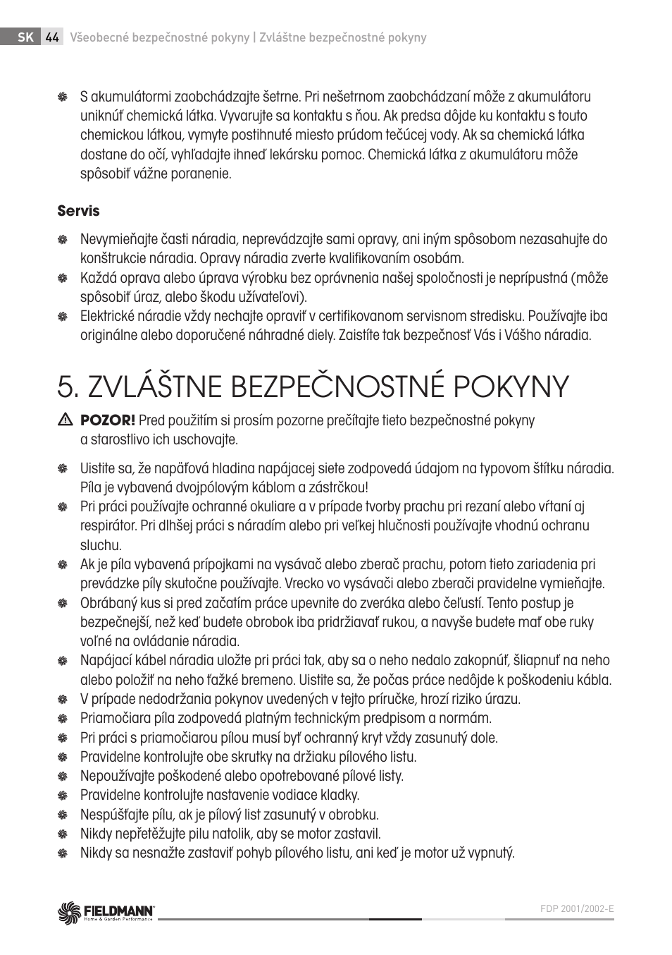 Zvláštne bezpečnostné pokyny | Fieldmann FDP 2002-E User Manual | Page 44 / 102