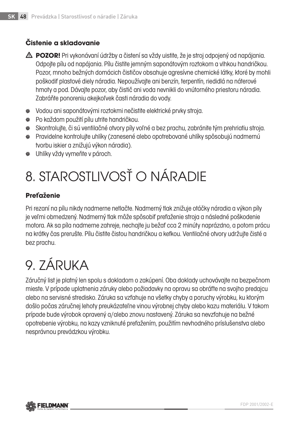 Starostlivosť o náradie, Záruka | Fieldmann FDP 2002-E User Manual | Page 48 / 102