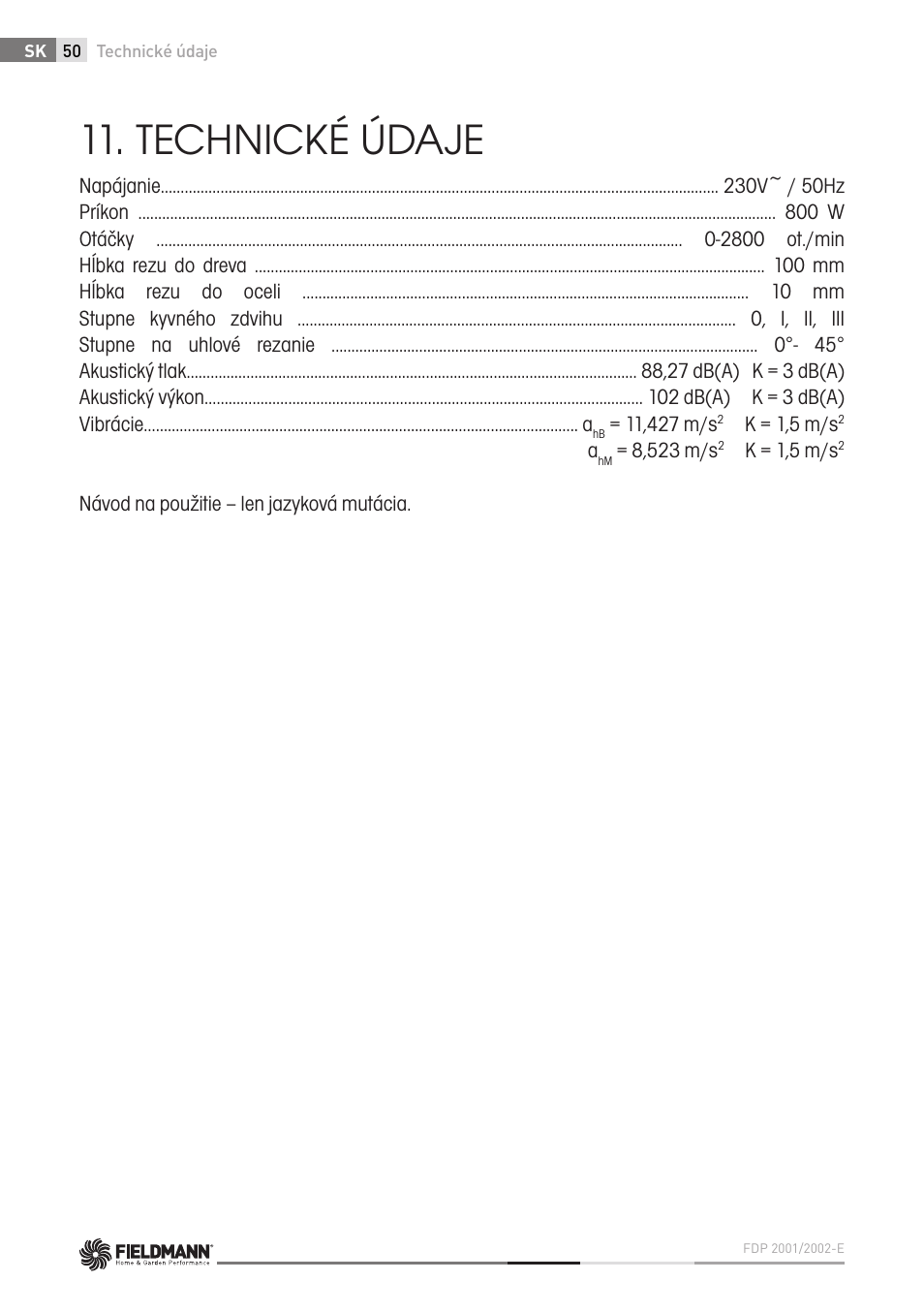 Technické údaje | Fieldmann FDP 2002-E User Manual | Page 50 / 102