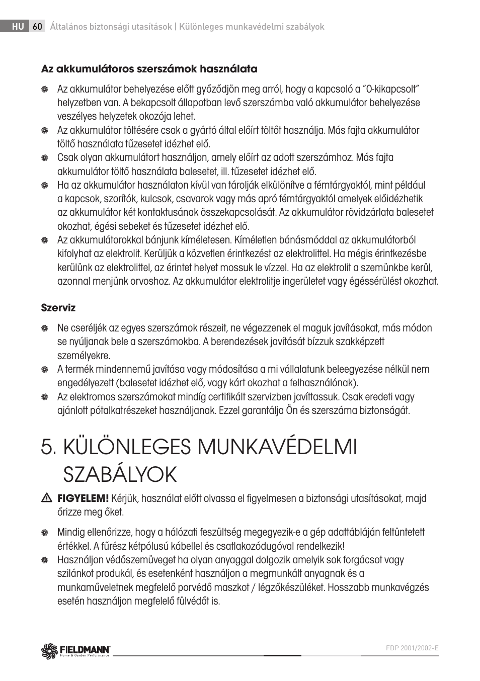 Különleges munkavédelmi szabályok | Fieldmann FDP 2002-E User Manual | Page 60 / 102