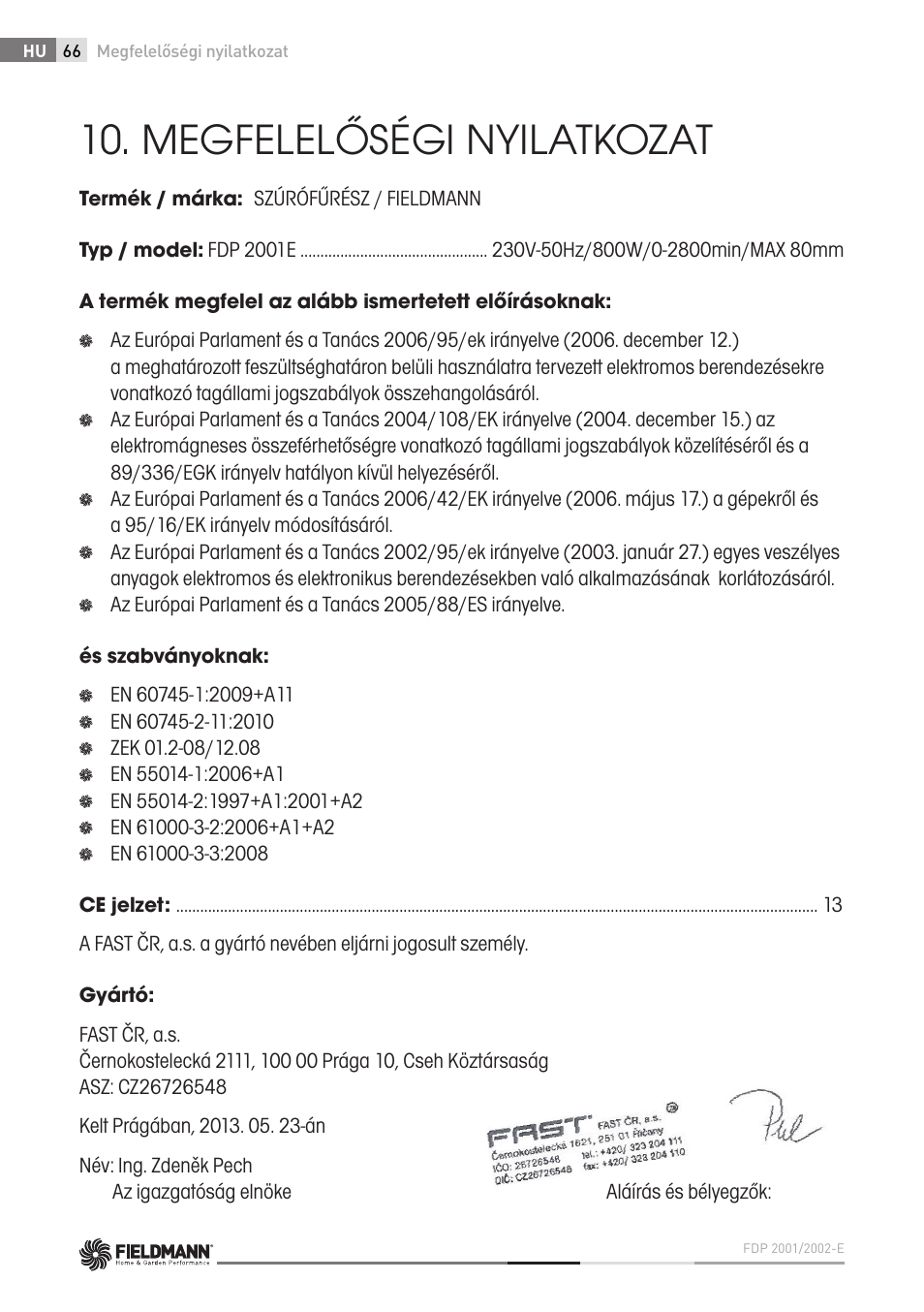 Megfelelőségi nyilatkozat | Fieldmann FDP 2002-E User Manual | Page 66 / 102