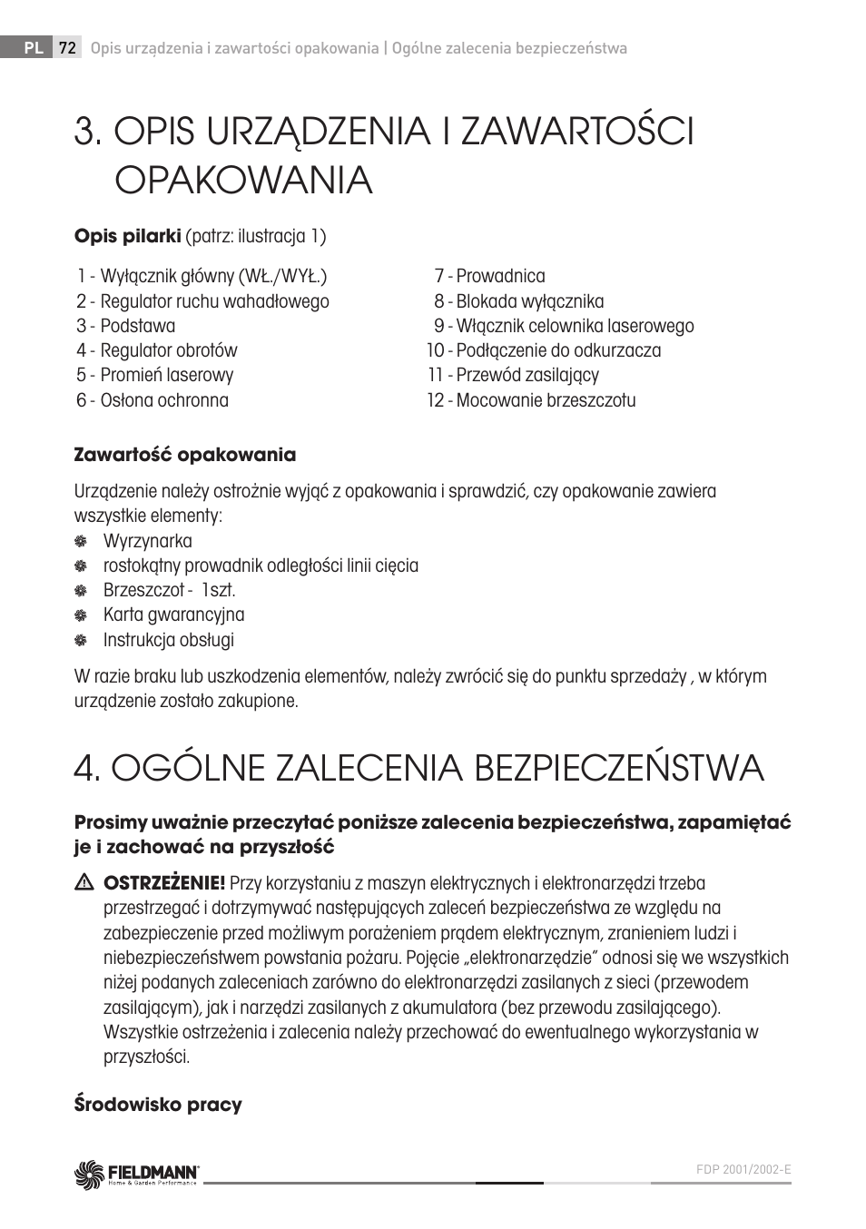 Opis urządzenia i zawartości opakowania, Ogólne zalecenia bezpieczeństwa | Fieldmann FDP 2002-E User Manual | Page 72 / 102